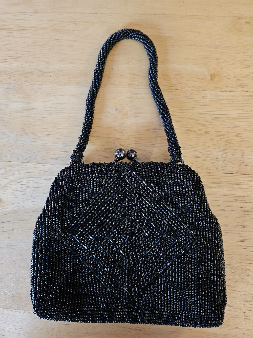 Bechamel Black Beaded Evening Bag Kiss Lock Purse Art Deco Formal Wedding Vintag